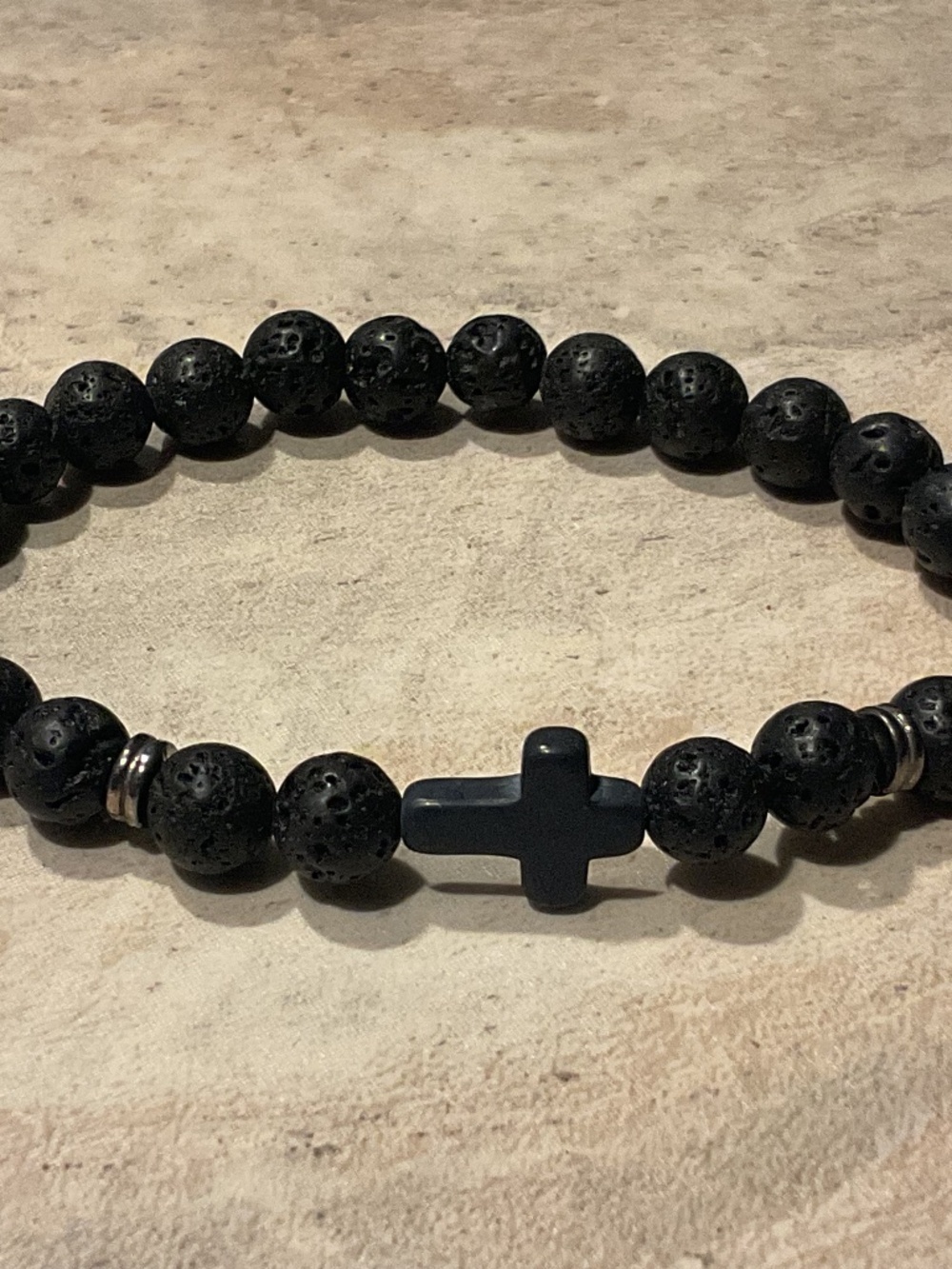 Men's Black Lava Bead Stretch Bracelet with Cross